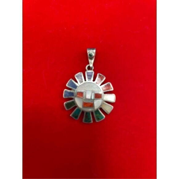 Vintage Sun Pendant Silver Real Turquoise Azurite Sugilite Coral Aztec 950 Rare - Picture 1 of 5